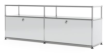 USM Haller Lowboard L mit Aufbau, individualisierbar, Lichtgrau RAL 7035, Mit 2 Klappen, Mit Kabeldurchlass oben mittig