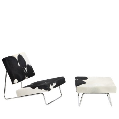 Hirche Loungesessel, Kuhfell, schwarz / weiß, Verchromt, mit Fußhocker
