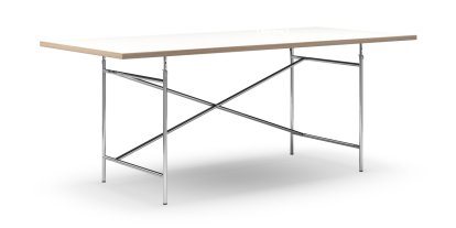 Eiermann Tisch, Melamin weiß mit Eichekante, 200 x 90 cm, Chrom, senkrecht, versetzt (Eiermann 2), 135 x 66 cm