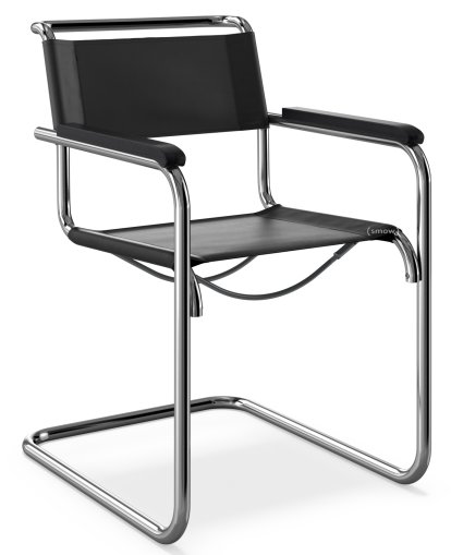 S 33 / S 34 Freischwinger, mit Armlehnen Buche gebeizt schwarz, Kernleder, schwarz, Ohne Gleiter