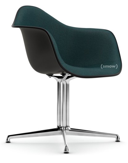 Eames Plastic Armchair DAL, Tiefschwarz, Mit Vollpolsterung, Petrol / moorbraun, Aluminium poliert, Neue Sitzhöhe (43,0 cm)