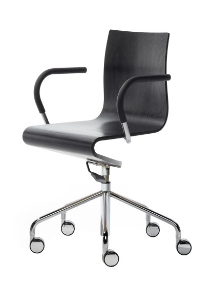 Arbeitsstuhl Seesaw, Verchromt, mit Gasfeder, Mit Armlehnen, farbgleich Untergestell, Esche schwarz