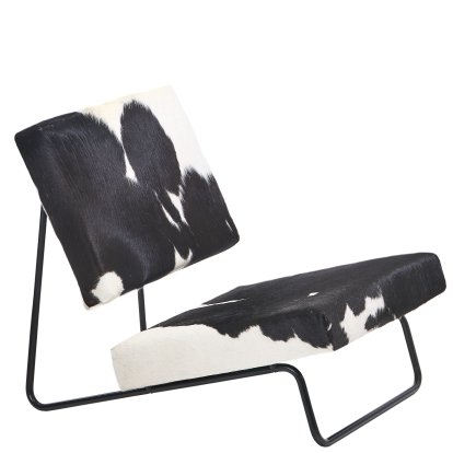 Hirche Loungesessel, Kuhfell, schwarz / weiß, Pulverbeschichtet, schwarz, ohne Fußhocker