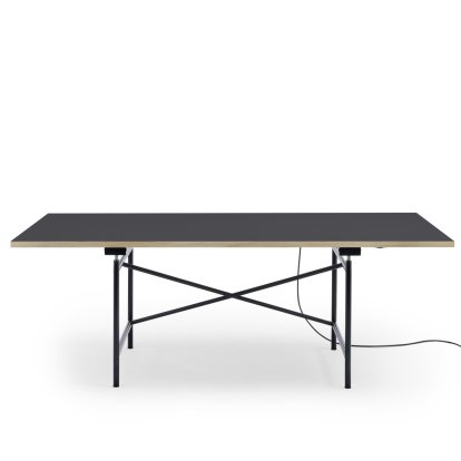 Eiermann 1 E Tisch (Elektrische Höhenverstellung), Linoleum holzkohle (Forbo 4166) mit Eichekante, 200 x 90 cm, Schwarz, Mit Kabelkanal
