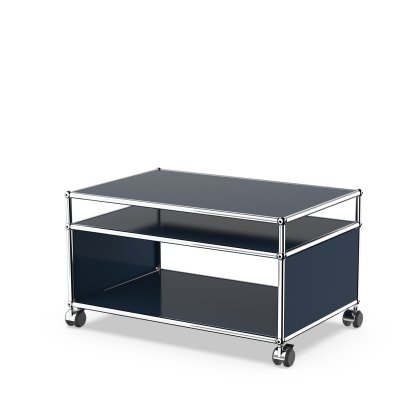 USM Haller Beistelltisch mit Aufsatz und Rollen, Stahlblau RAL 5011, Hart für Teppichboden