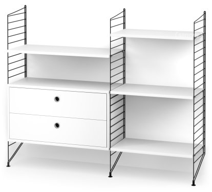 String System Bodenregal mit Schubladen, Schwarz, Weiß lackiert