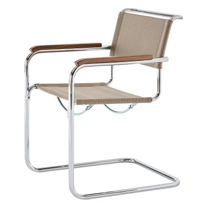 S 33 / S 34 V Soft Freischwinger, mit Armlehnen Nussbaum geölt, Verchromt, Stoff Nobel 61297 - beige, Ohne Gleiter