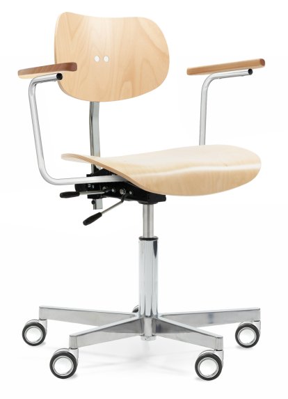S 197 R20 Drehstuhl, mit Armlehnen, Buche natur, Verchromt/Aluminium poliert, Doppelrollen chrom für Teppichboden