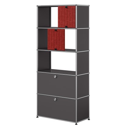 USM Haller Aktenregal mit 2 Klappen, oben ohne Rückwände mit zwei USM Haller Soft Panels, vertikal, Anthrazitgrau RAL 7016, Rot / Orange
