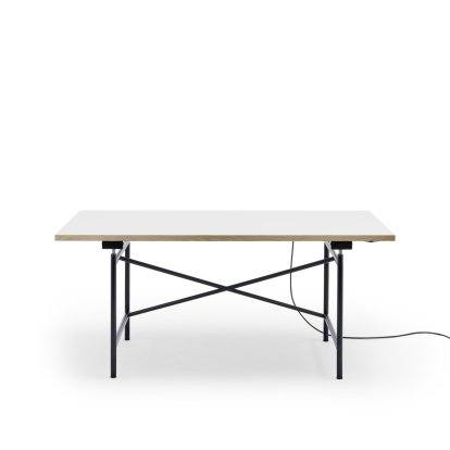 Eiermann 1 E Tisch (Elektrische Höhenverstellung), Melamin weiß mit Eichekante, 160 x 80 cm, Schwarz, Mit Kabelkanal