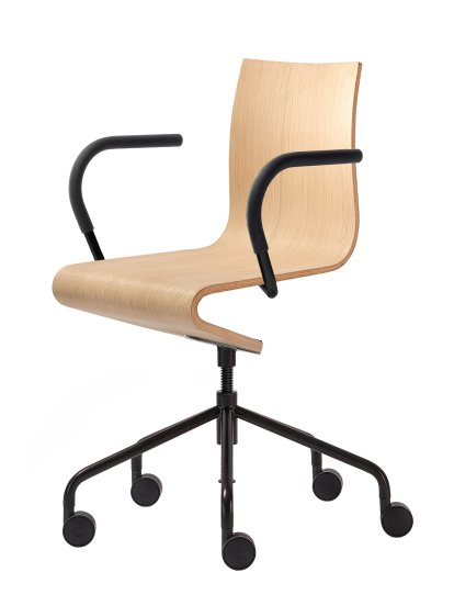 Arbeitsstuhl Seesaw, Schwarz, mit Spindel, Mit Armlehnen, farbgleich Untergestell, Eiche natur