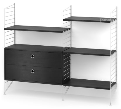 String System Bodenregal mit Schubladen, Weiß, Eschefurnier schwarz