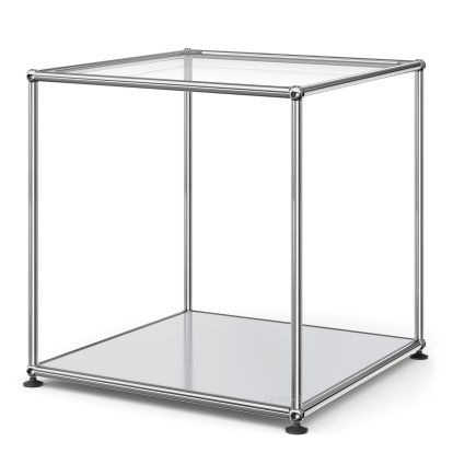USM Haller Hoher Beistelltisch 50, Oben Glas, unten Metall, Lichtgrau RAL 7035
