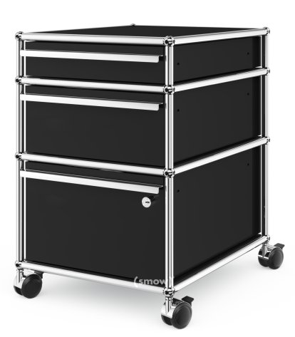 USM Haller Rollcontainer mit 3 Schubladen Typ 2 (mit Gegengewicht), Unterste Schublade mit Schloss, Graphitschwarz RAL 9011