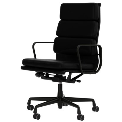 Soft Pad Chair EA 219, Aluminium tiefschwarz pulverbeschichtet, Leder Premium F nero, Plano nero, Weich für harte Böden