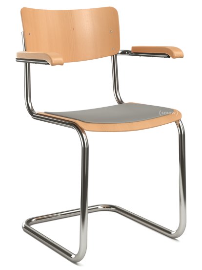 S 43 F Klassik Freischwinger, Gestell verchromt, Buche gebeizt, Buche, klar lackiert, Sitzauflage hellgrau meliert, ungepolstert, Kunststoffgleiter schwarz mit Filz